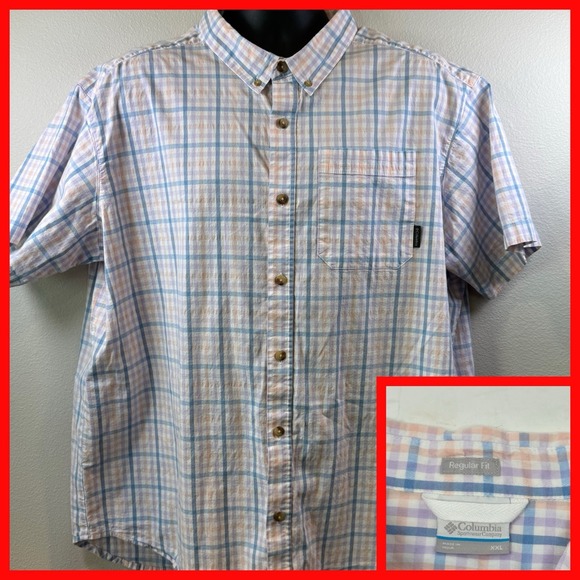Columbia Shirt Men's XXL White/Purple Plaid Short Sleeve‎ Button-up Casual - Picture 1 of 3
